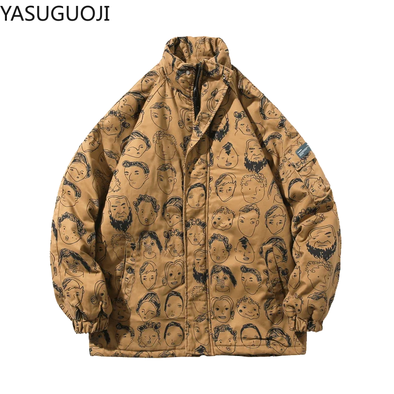 

YASUGUOJI 2020 Winter New Products Thicken Stand Collar Jacket Coat Men Couple Sketch Cartoon Print Oversized Windbreaker