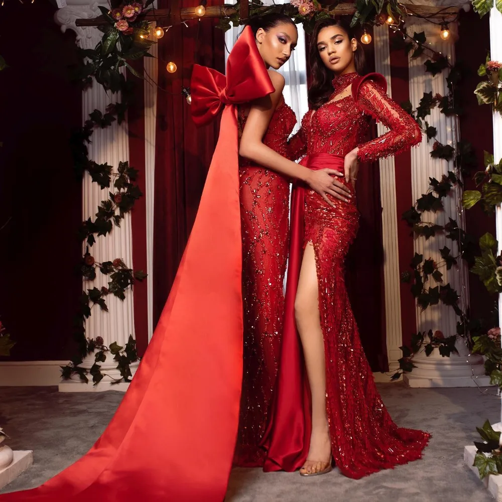 

Chic Red Beaded Mermaid Evening Dresses With Big Bow Back Shiny Crystal Long Evening Gowns New Year Party Prom Party Gowns