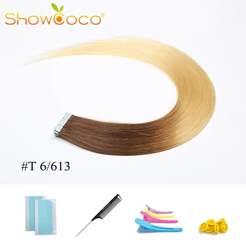 ColorT6 613 -20 Pcs ShowCoco лента в Пряди человеческих волос для наращивания натурального волос 20/40 шт, смешанные цвета, Цвет горячие головы для наращивания блеск коричневого до блондинка ленточных накопителей - Цвет: ColorT6 613 -20 Pcs