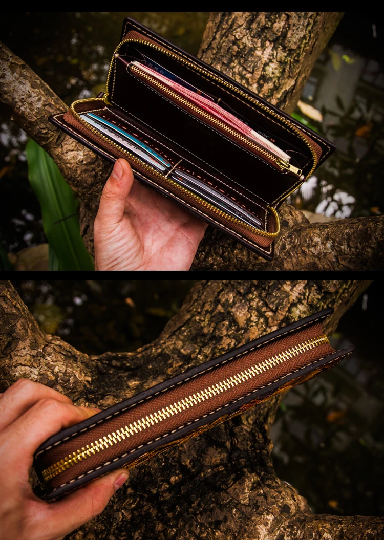 Handmade Wallets Carving the god of wealth Purses Men Long Clutch Vegetable Tanned Leather Wallet Card Holder