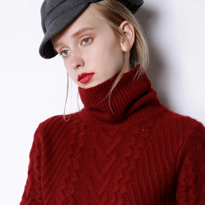 Женский однотонный кашемировый свитер ALKMENE длинный толстый с высоким воротником