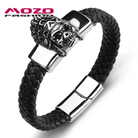 mozo fashion punk men jewelry black braided genuine leather bracelet stainless steel magnetic clasp bangles men