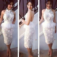 lace cocktail dresses sheath short party dress feather white party wear knee length christmas peplum plus size formal prom gowns