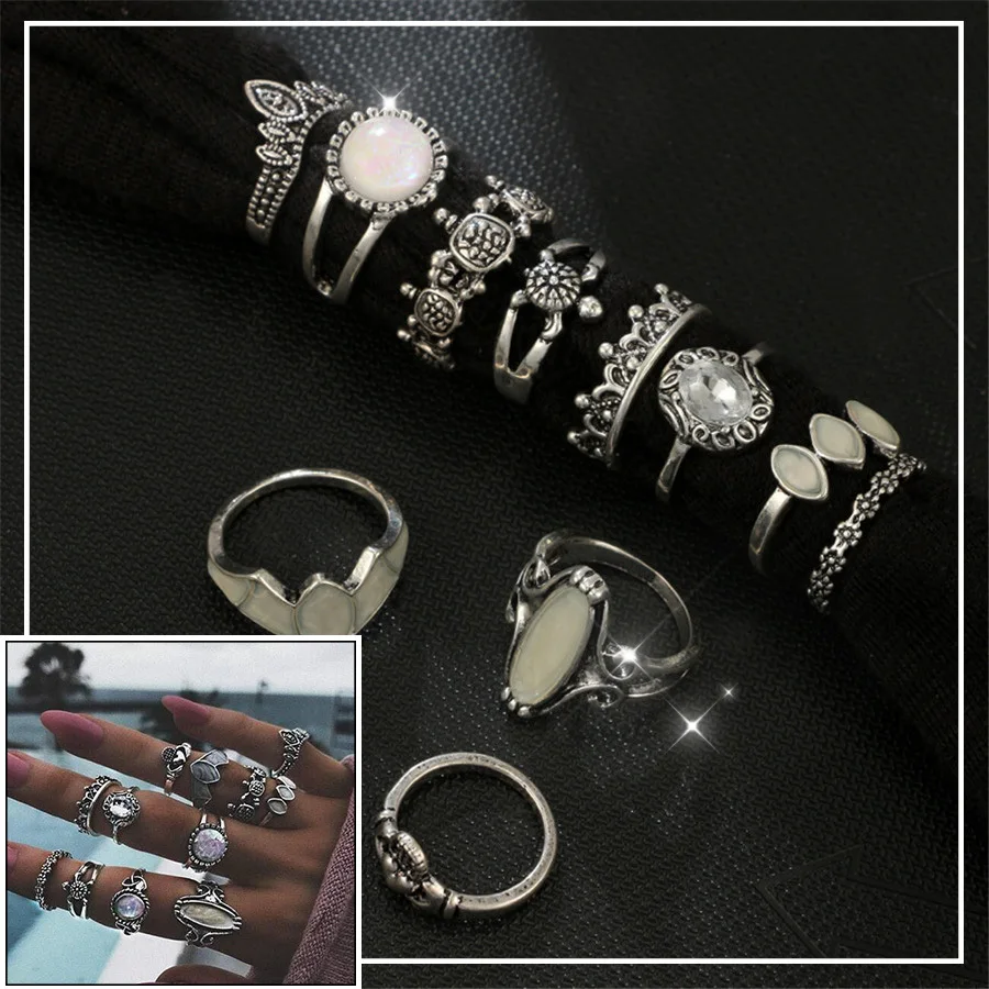 RAVIMOUR 12 шт./компл. Bague Femme винтажный большой геометрический набор колец Tortois Knuckle Finger Ring серебристого цвета Бохо украшения в стиле бохо