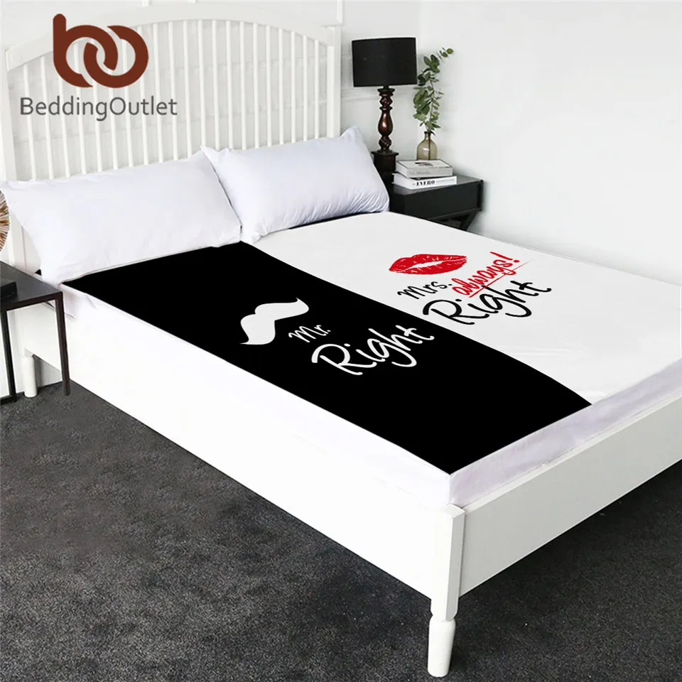 

BeddingOutlet Mr and Mrs Fitted Sheet Mr Right Topper Sheets for Couples Bedding Sheet Moustaches Red Lips Queen 1pc Bedclothes