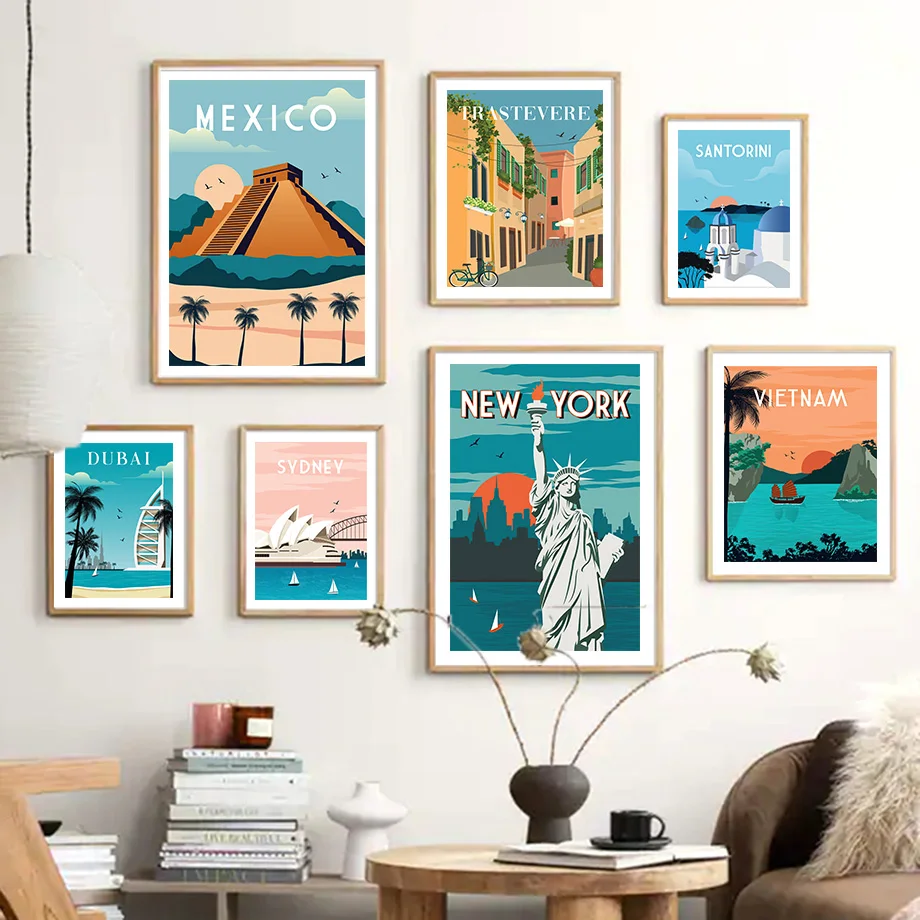 

World Famous City Paris Santorini Sydney Wall Art Canvas Painting Nordic Posters And Prints Wall Pictures For Living Room Decor