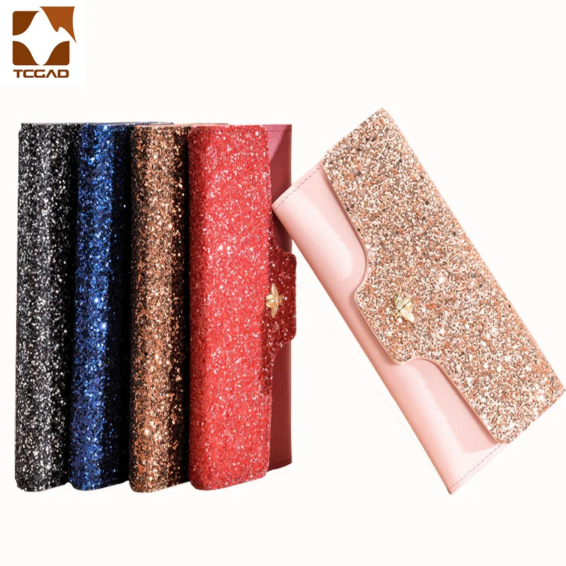 Женский кошелек с блестками роскошный бумажник из натуральной кожи для