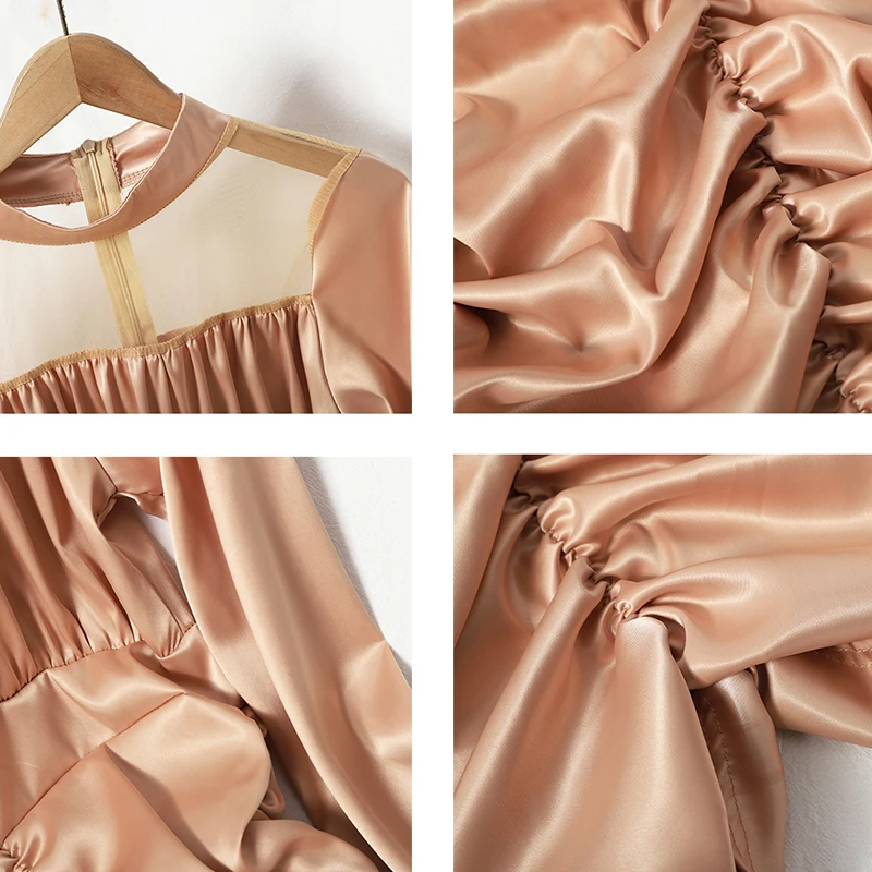 

Sexy Mesh Patchwork Pleated Bodycon Dress Women Elegant See-Through Draped Satin Vestidos Female New Fashion 2021 Spring Autumn