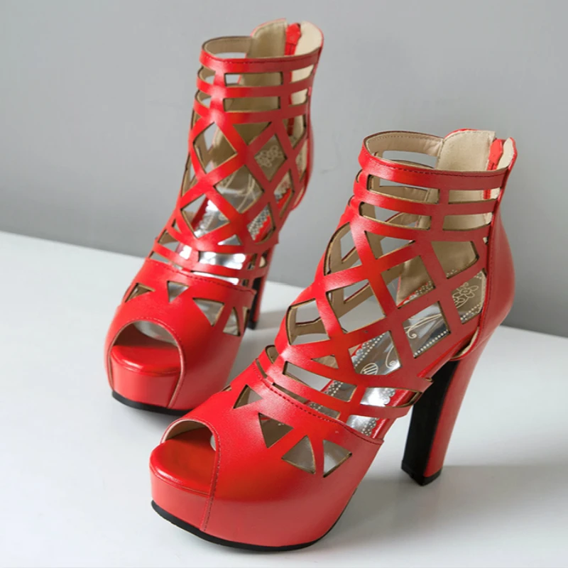 Autumn Summer Ankle Boots For Women PU Leather High Heels Short Platform Cut-outs Black Red White Party Shoes Large Size | Обувь