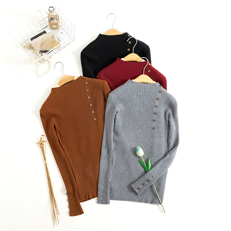 

RICORIT Button Turtleneck Sweater Women New Solid Knitting Pullover Woman Soft Slim Jumper Pullovers Sweater Female Knit