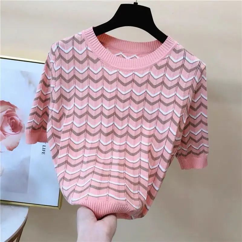 Loose Thin Hollow Silk Sweater Female Round Neck Striped Frill Short Sleeve Knitted Bottoming Jumper Pullover Women Spring | Женская