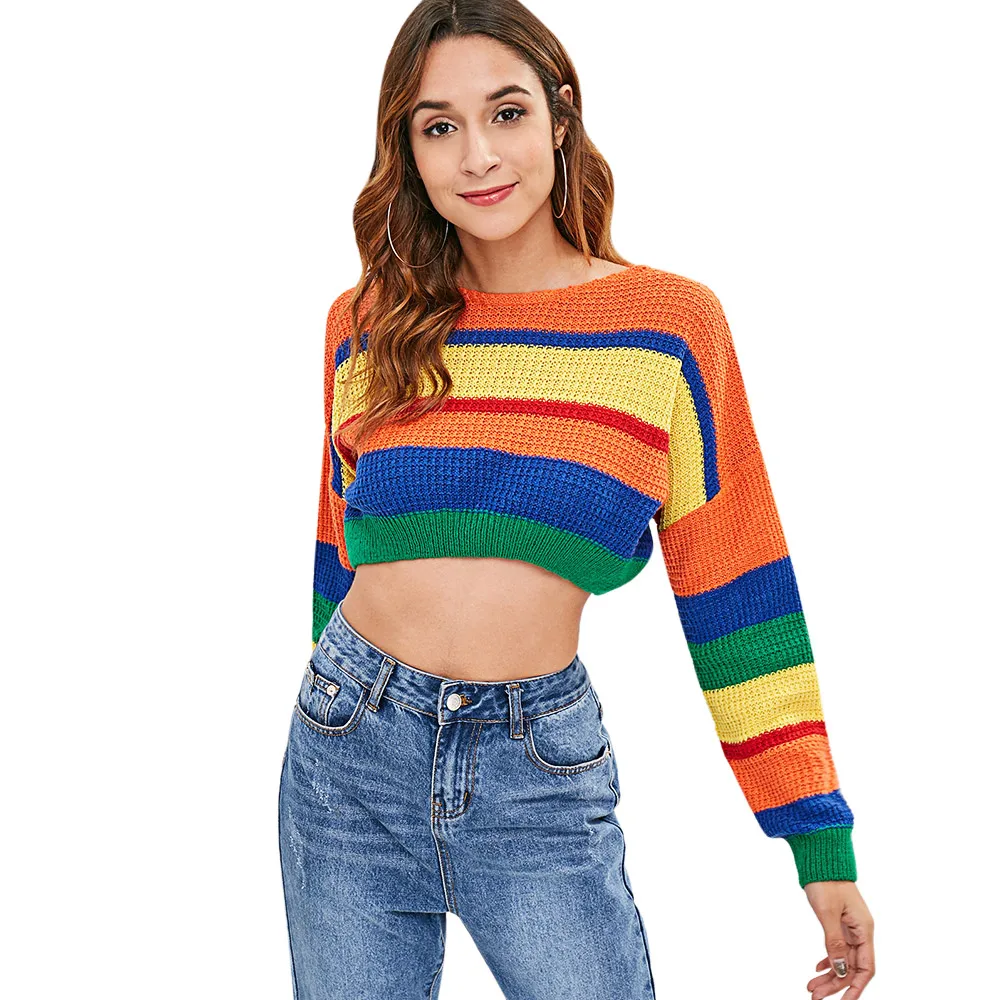 ZAFUL Multi Drop Shoulder Color Block Crop Sweater Round Collar Blocking Pullovers Short Jumper Loose Women'S Sweaters | Женская