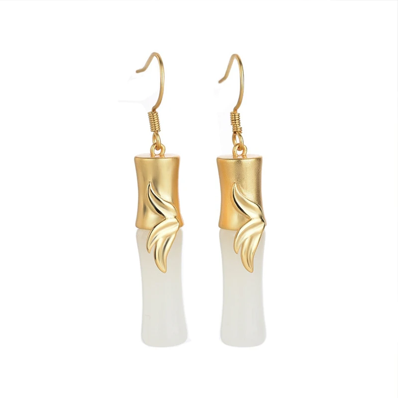 

jade earrings for women Costume jewelry White polygonatum High earrings Gold inlaid with jade Polygonatum crystal gem earring