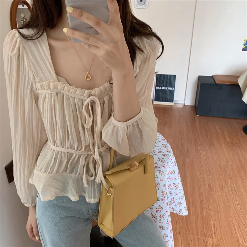 

Vintage French Style Hot Solid Fashion Female Shirts Drawstring Puff Sleeves Summer Simple Sweet Thin Women Blouses