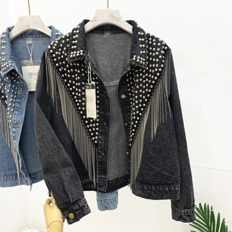 Женская джинсовая куртка в уличном стиле осенняя новая свободная Черная с