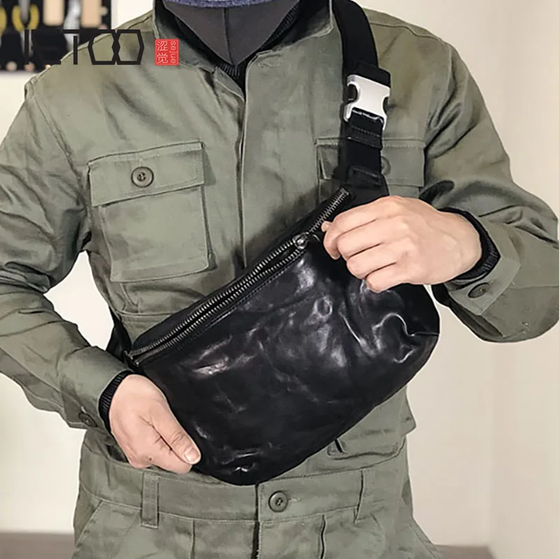 AETOO Handmade retro head-layer cowhide men's chest bag, multi-functional leather bag, trend sports slant bag