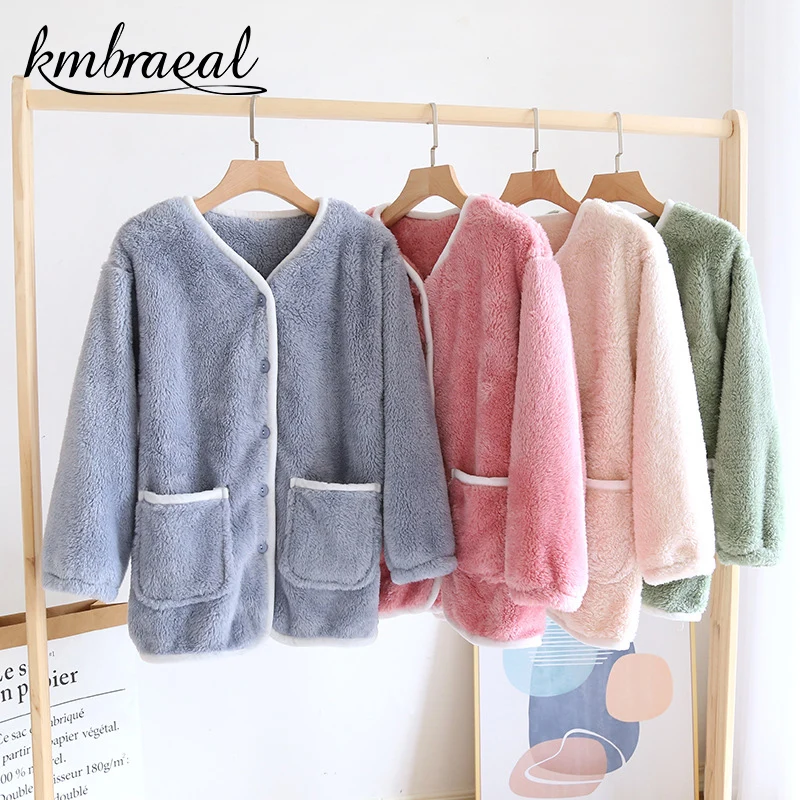 

Autumn and Winter New Ladies Pajamas Jacket Long-sleeved Flannel Thickened Plush Warm Home Service Jacket Sleep Clothes Women