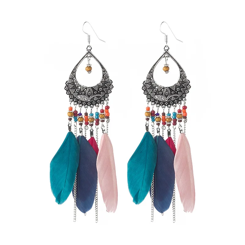 

Bohemian Fashion Hollow Water Drop Multi-Color Feather Tassel Earrings Retro Temperament round Bead Chain Ear Pendant Women