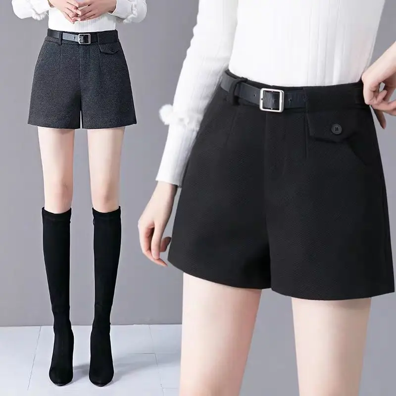 

Autumn Winter Elegant Wild Shorts with Belt Women's Woolen Shorts New Casual Comfortable High Waist Slim Wide Leg A-line Shorts
