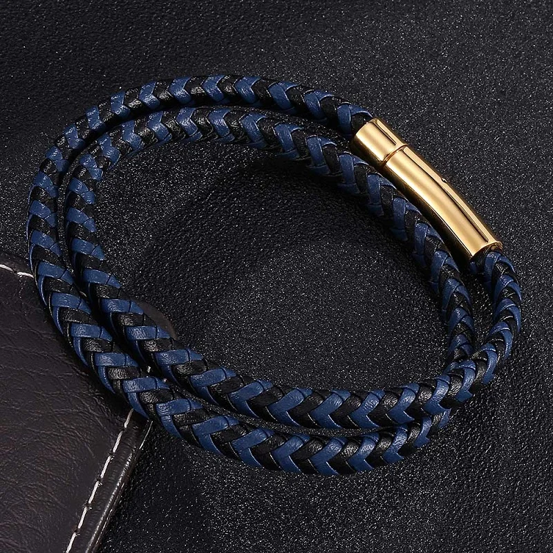 Модный черный и синий кожаный плетеный двухслойный браслет мужские женские