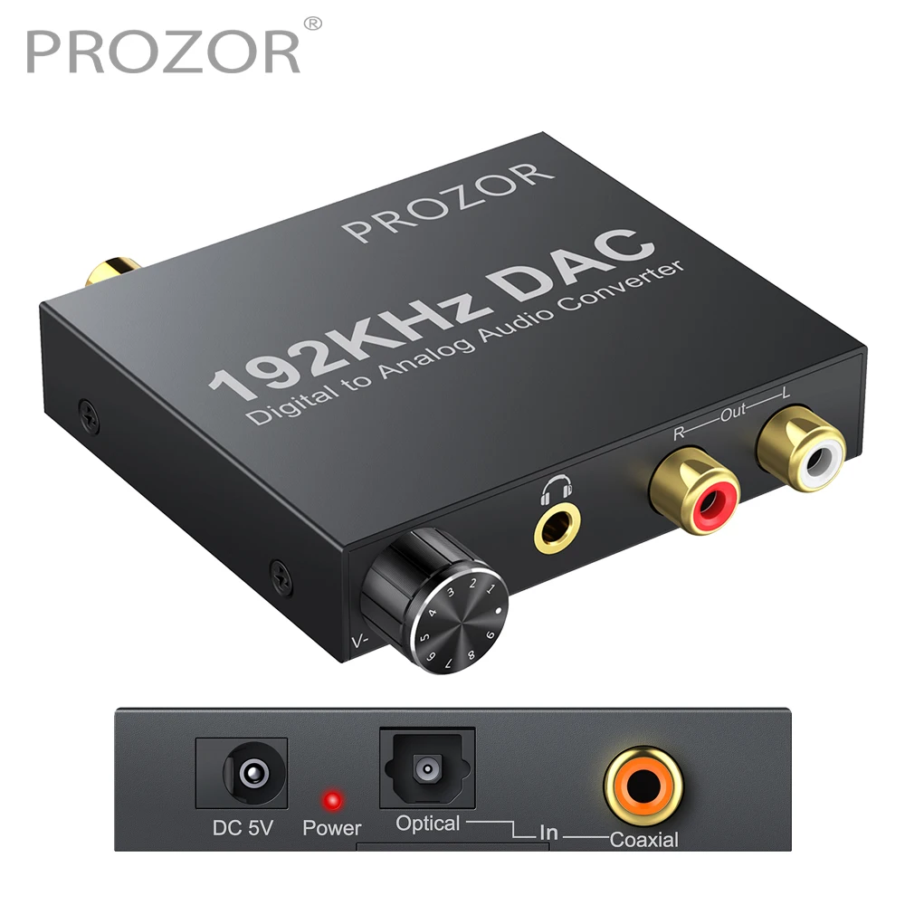 

PROZOR 192kHz Digital to Analog Audio Converter Optical Coaxial SPDIF Toslink to Stereo L/R RCA 3.5mm Audio DAC with Volume Knob
