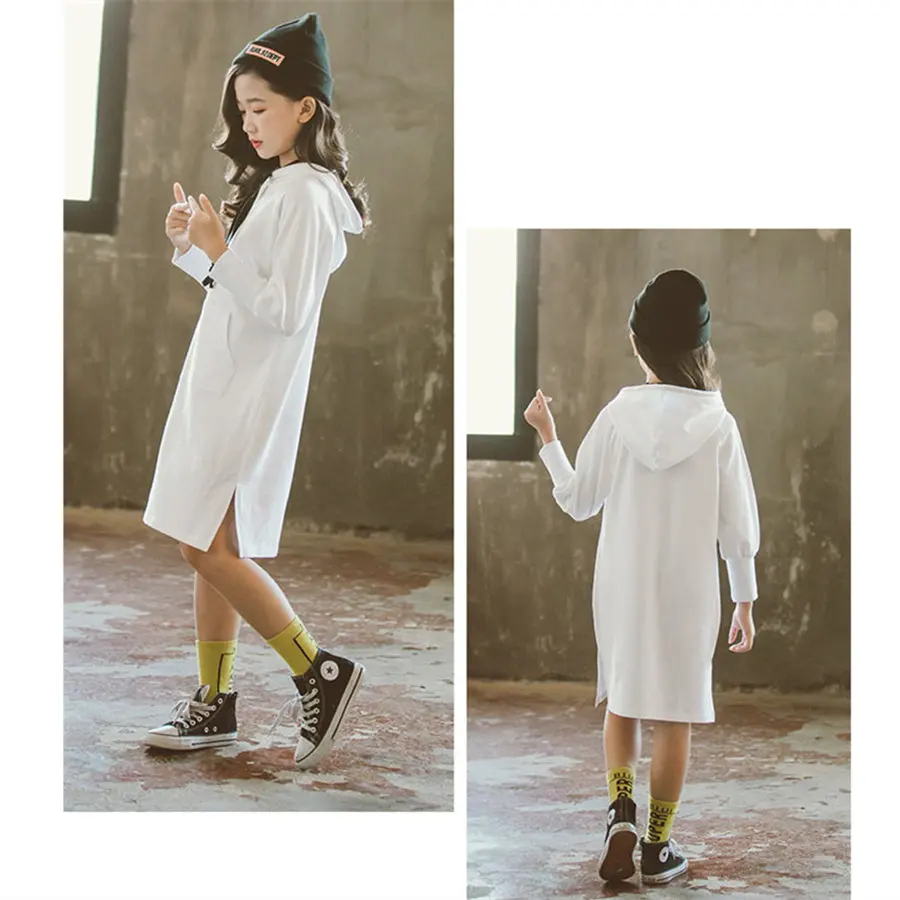 

Spring Purple Cotton Long Hoodies For Girls 4-13 Years High Street Patch Pocket Split Solid Elastic Sleeve Sweatshirt Children