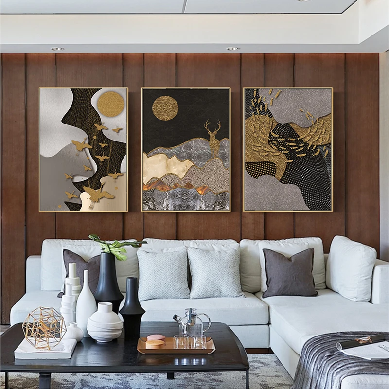 Абстрактная графика картины с оленем и рыбой постеры в скандинавском стиле