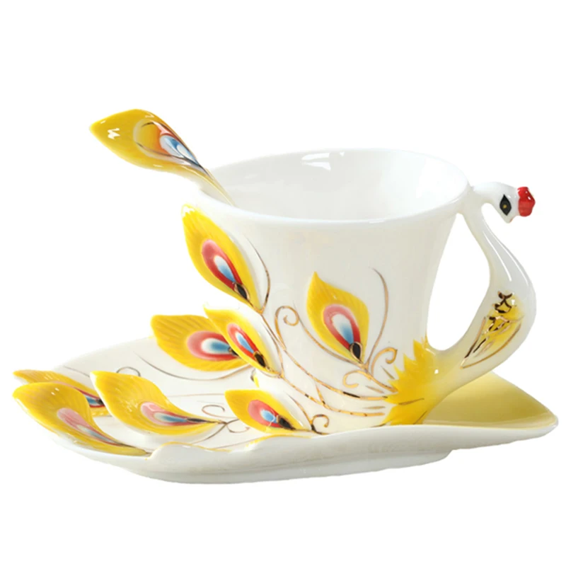 

Creative 3D Color Peacock Coffee Cup,Ceramic Mugs Bone China Enamel Porcelain Cup with Saucer and Spoon Coffee Tea Sets