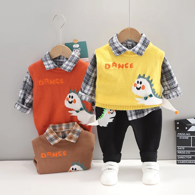 

Boys Autumn and Winter Clothes Thick Knitted Cotton Sweater Vest Children's Casual Plaid Shirt Vest Three-piece Suit