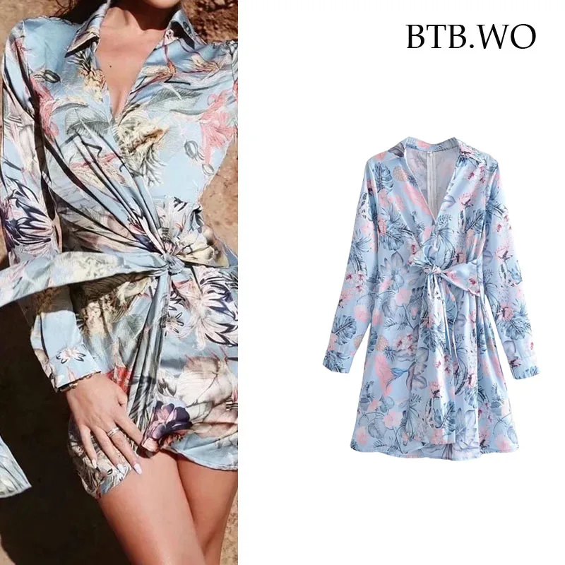 

BTB.WO Za 2021 Flower Print Mini Dress Women New Long Sleeve Elegant Party Dresses Woman Autumn Bow Lace Up Sexy Dress Vestidos
