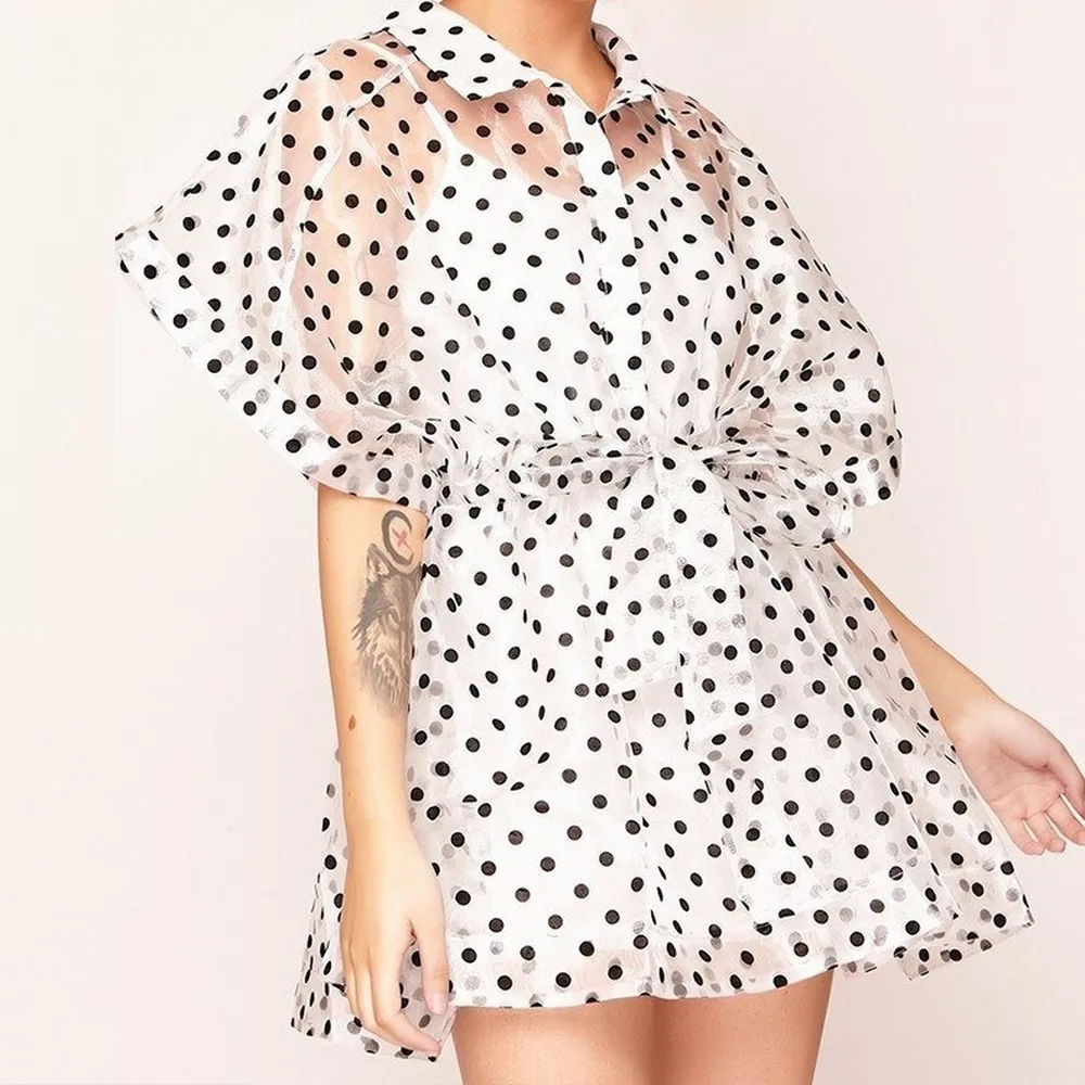 Весна и лето 2020 Новая Мода Простая рубашка воротник органза горошек цветок с