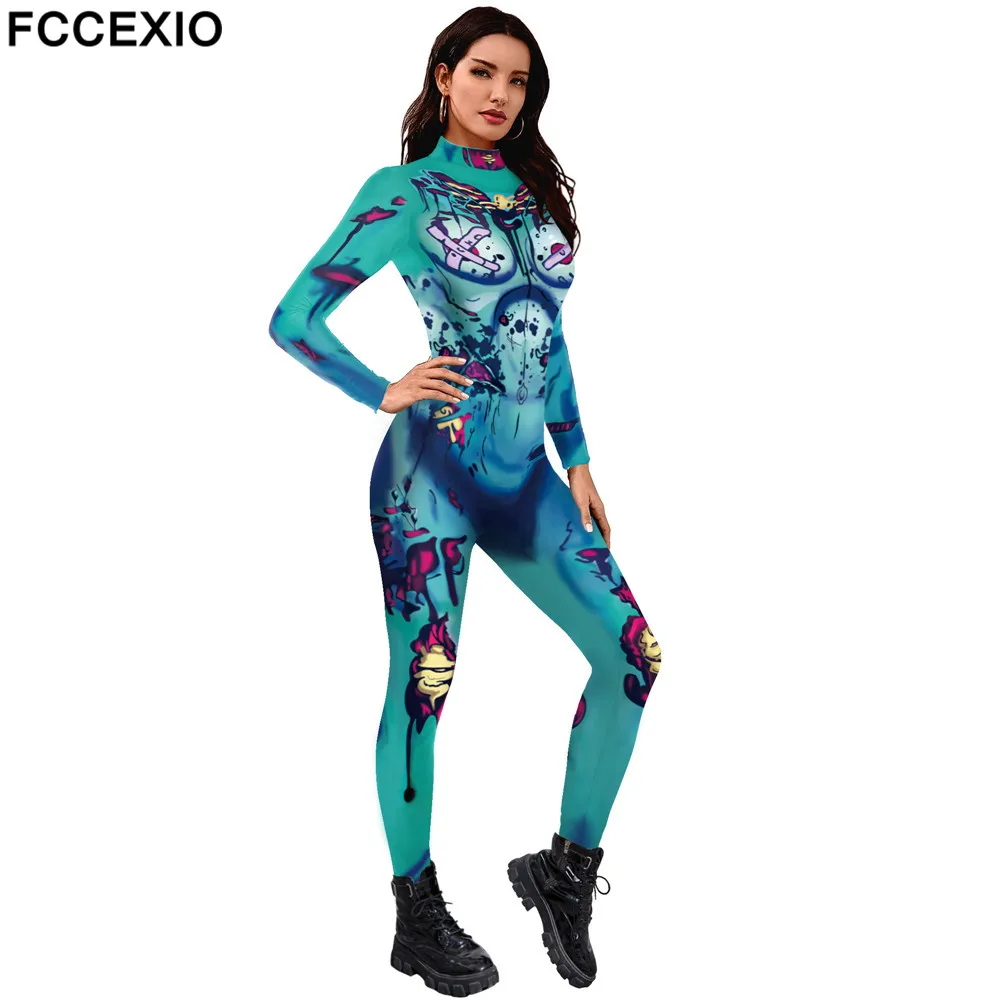 FCCEXIO Terrorist Bloody 3D Printed Women Jumpsuit Carnival Fancy Party Cosplay Costume Bodysuit Adults Fitness Onesie Outfits