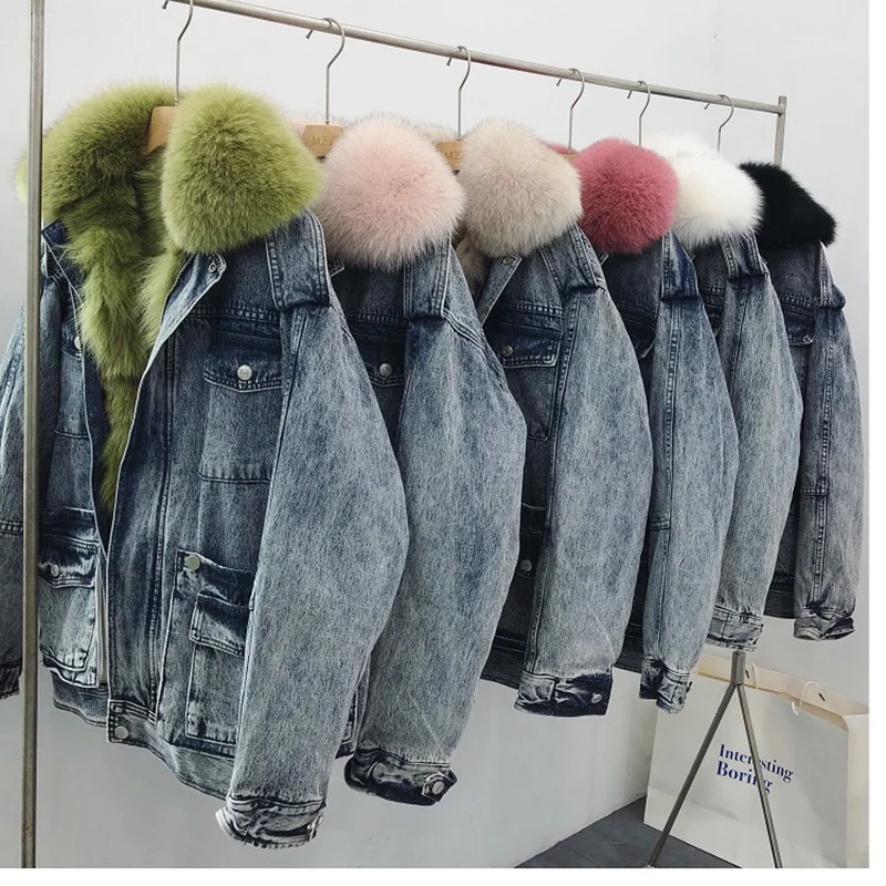 2019 ВИНТАЖНАЯ ДЖИНСОВАЯ парка пальто из натурального меха зимняя куртка для