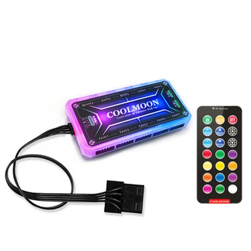 

COOLMOON RGB Remote Controller DC12V 5A LED Color Intelligent Fan Controller W/10 Pcs 6pin Fan Port 2 Pcs 4pin Light Bar Port