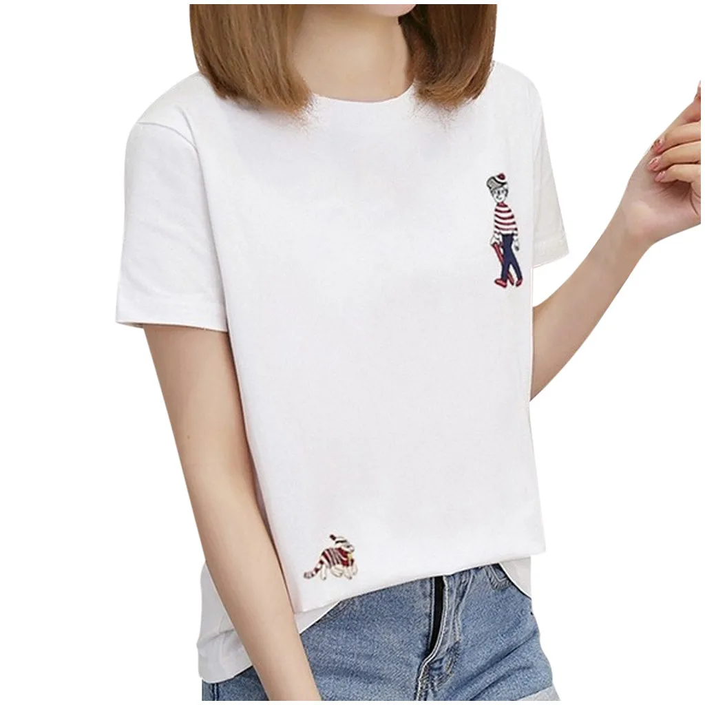 Женская футболка с коротким рукавом круглым вырезом и вышивкой|Футболки| |