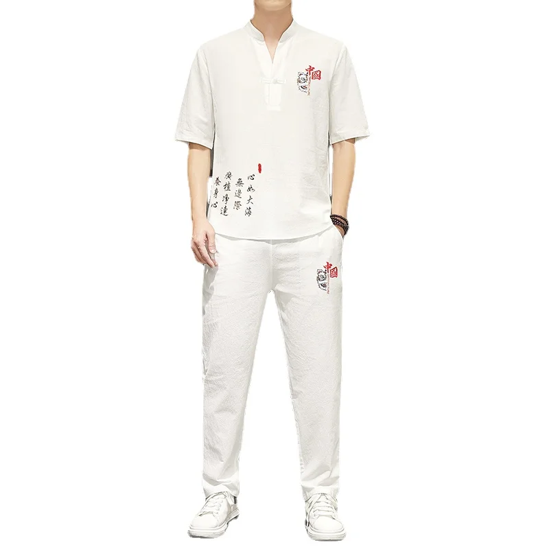 

2021 New Cotton Men Embroidery Set Fashion Mens Stand-up Collar Short-sleeved T Shirts and Trousers Classic Chinese Retro Style