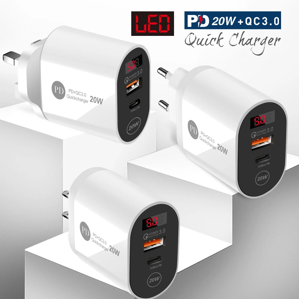 

New PD20W display charger double presented PD + QC3.0 charging head