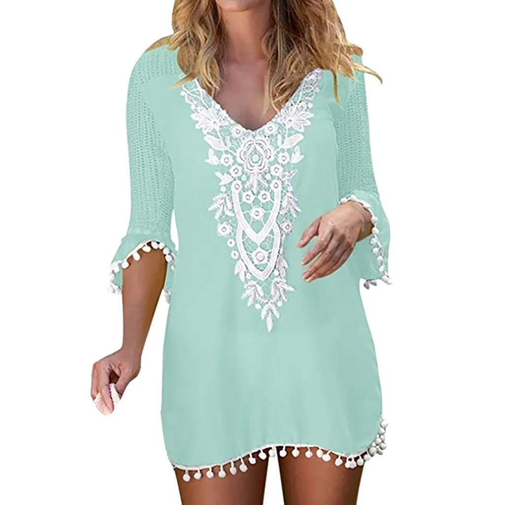 swimwear woman one piece dress Women Pom Trim Tassel Lace Crochet Swimwear Beach Cover Up Brazilian dropshipping | Женская одежда