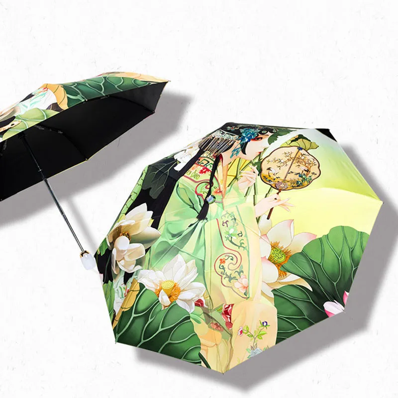 

New Automatic Umbrella Rain Women Ancient Style Girl 3Folding Umbrellas Windproof Black Coating Anti UV Parasol Women's Umbrella