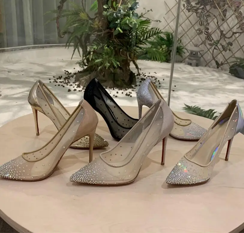 

Yuerui Net Yarn Transparent Shiny Crystal Shoes Wedding High Heels Banquet Bridal Single Shoes Pumps 8.5-12CM 2020 Ladies Shoes