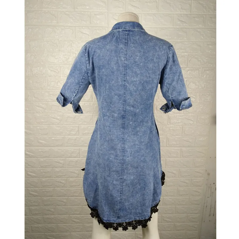 Женское джинсовое платье с коротким рукавом и V-образным вырезом лоскутное