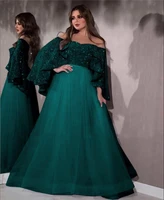 elegant arabric royal prom dresses cape sleeve glitter sequined floor length tulle a line women formal evening gowns plus size