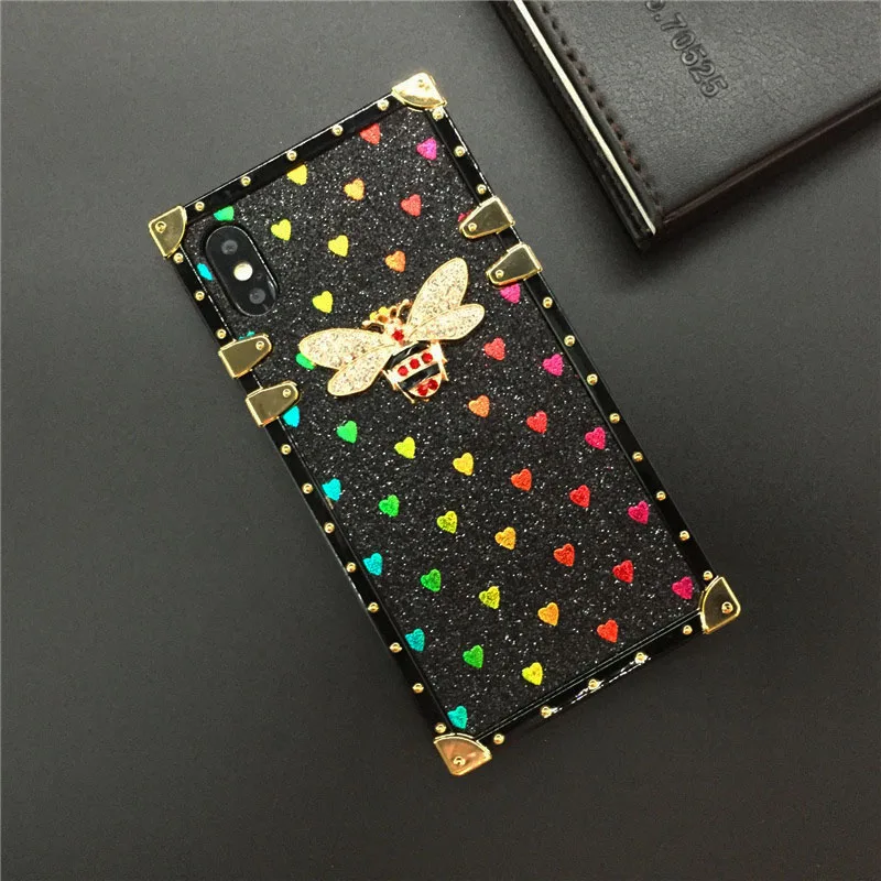 Роскошный чехол для телефона с Пчелой для iPhone 11 Pro X XR XS Max 8 7 Plus, квадратная Лазерная крышка с сердцем для samsung Galaxy S9 S10 Plus Note 10 Pro - Цвет: Black2