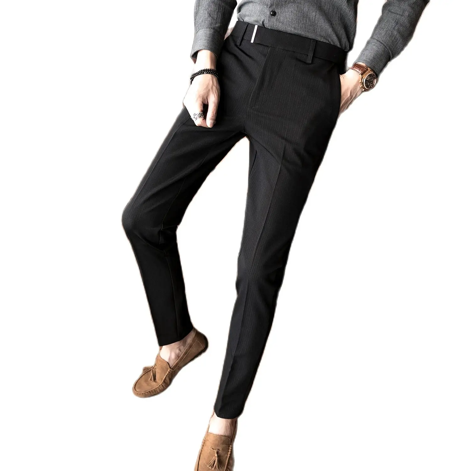 Брюки мужские компактные в Вертикальную Полоску модные облегающие штаны для