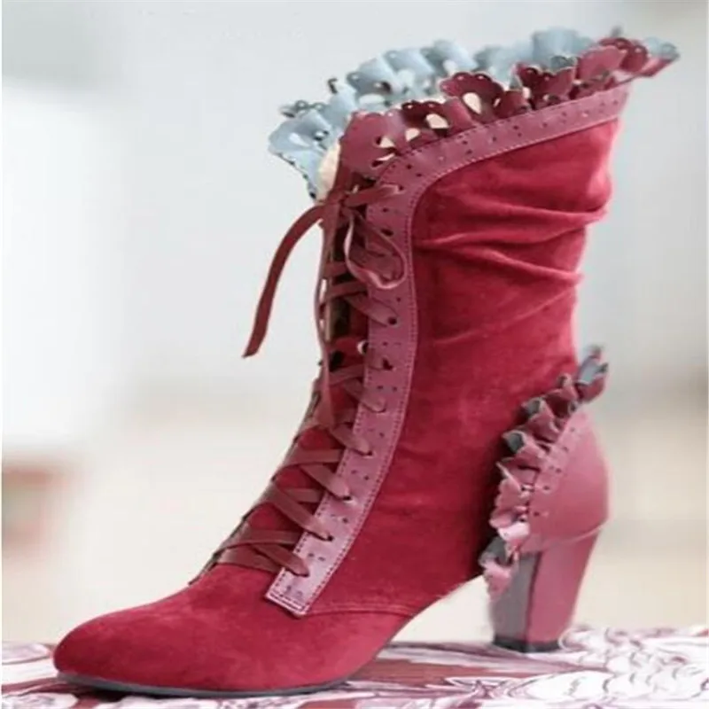

Steampunk Women Sexy Lace Up Heel Knee High Leather Suede Boots Vintage Gothic Lace High Heel Boots Cosplay Autumn Boots Shoes