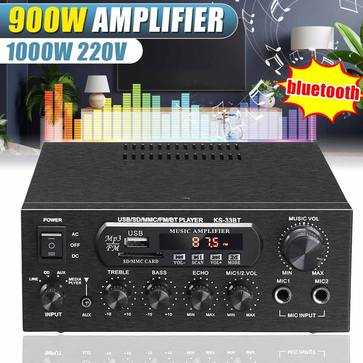 

Стереоусилитель 1000 Вт bluetooth с объемным звуком, USB, SD, AMP, FM, DVD, AUX, светодиодный дисплей, дистанционное управление для домашнего кинотеатра, кар...