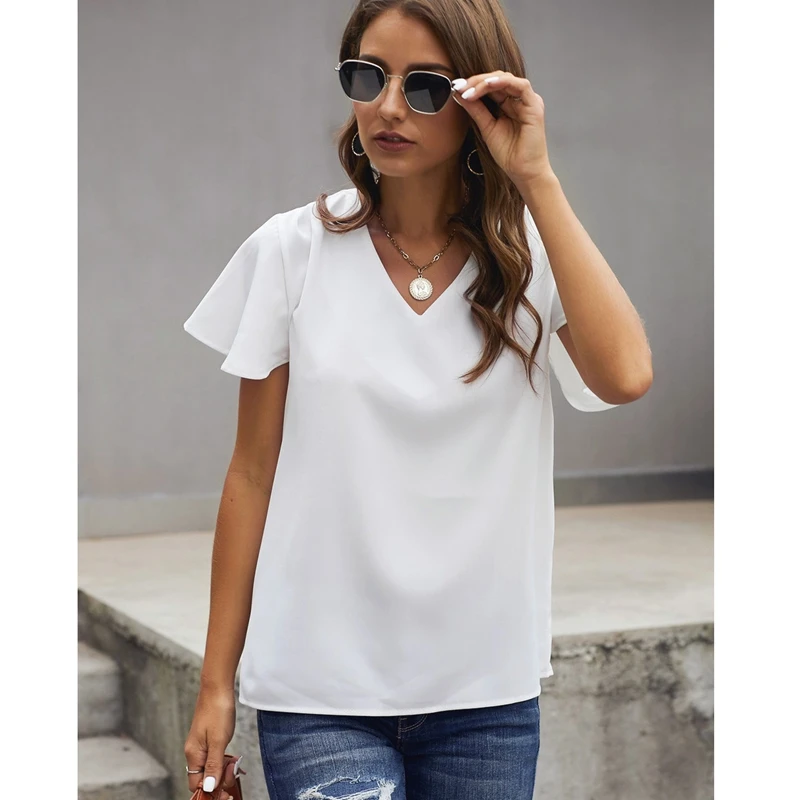 

Summer Short Solid T Shirt Casual Deep V Neck Short Sleeve Sexy Tees Tops for Women White L