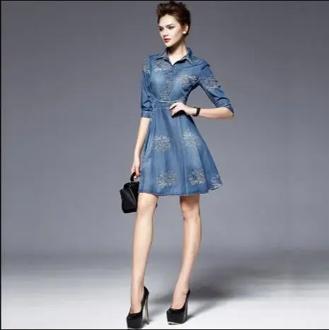 Летнее джинсовое платье женская рубашка с вышивкой офисная одежда Ретро стиль