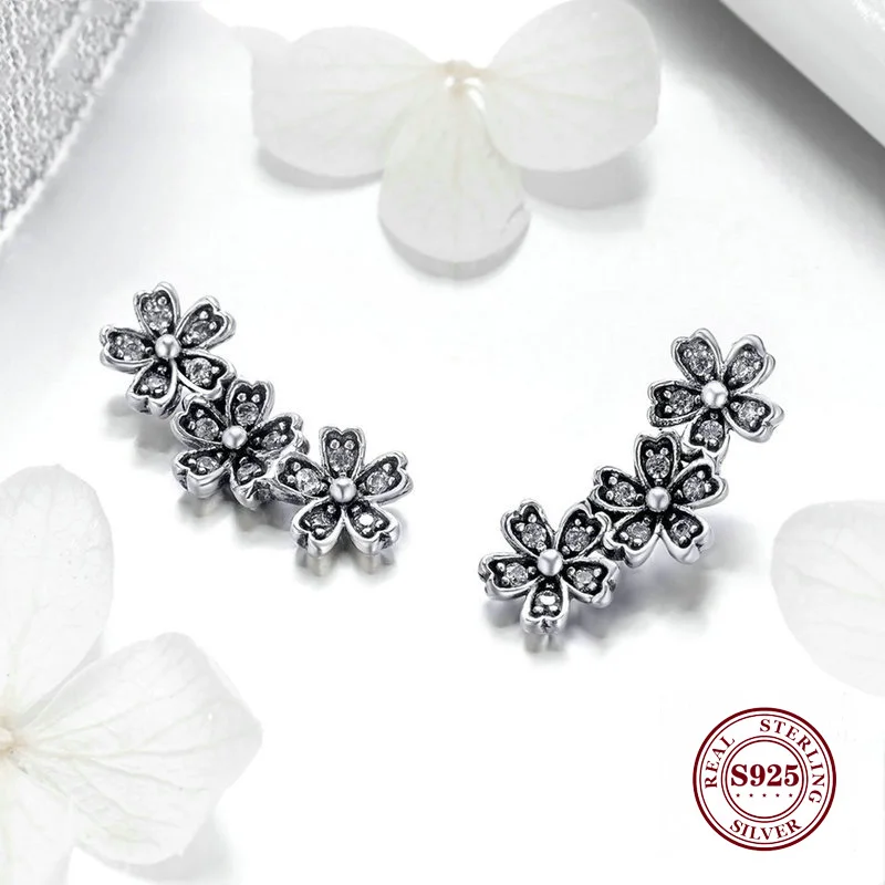 

DoDoFly Authentic 925 Sterling Silver Stackable Daisy Floral Stud Earrings Clear CZ Flower Woman Earring Party Jewelry Gift