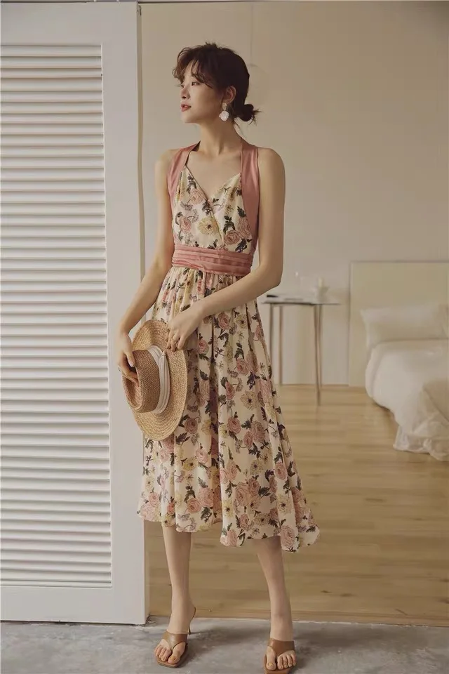 

CHICLADY vintage summer halter sleeveless flower printed midi dress high waist A-line casual party holiday beach clothing robe